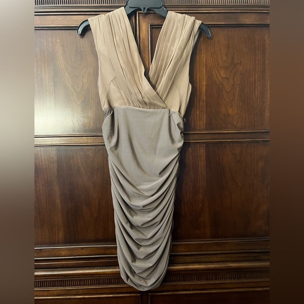 BEBE chiffon and ruched belted dress